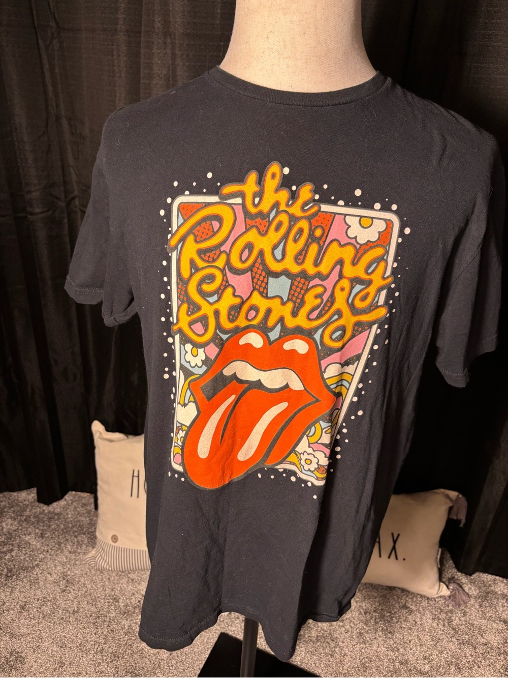 the Rolling Stones Black Tee with Red Tongue and Yellow Script